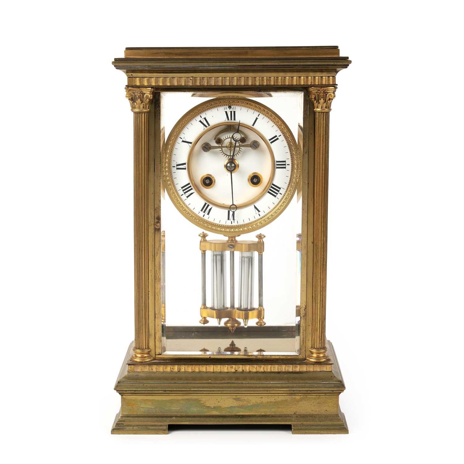 A late 19th century French four glass mantel clock, the two piece Roman dial with visible