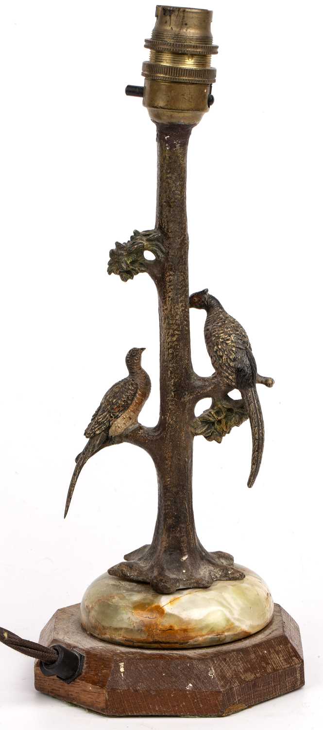 An Austrian cold painted bronze lamp in the form of two pheasants on a tree, with an onyx and oak - Image 3 of 3