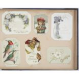 An album of Christmas cards 1893-1895. 30pp, 4-6 on each. Oblong folio half leather, blue boards (