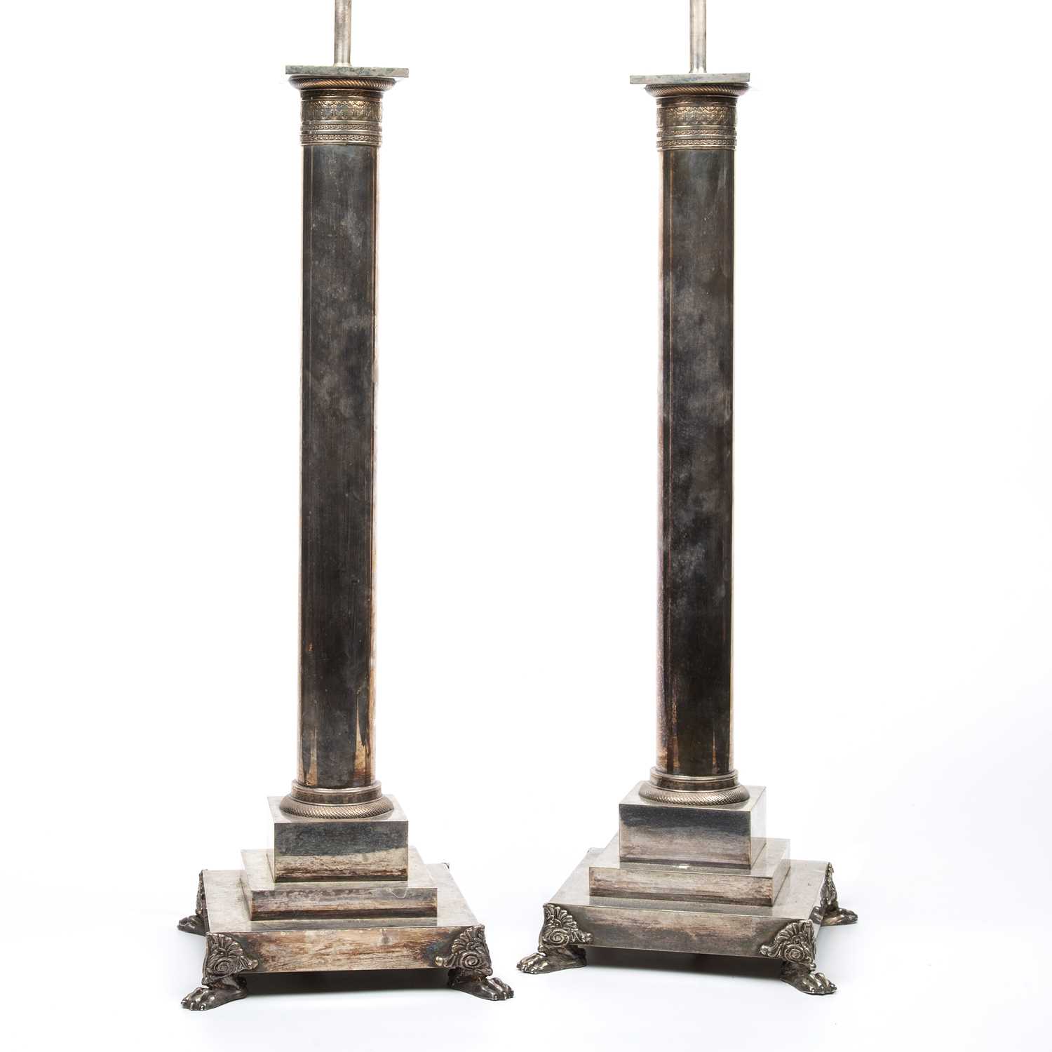 A large pair of silver plated table lamps of corinthian column form on stepped bases with paw - Image 2 of 12