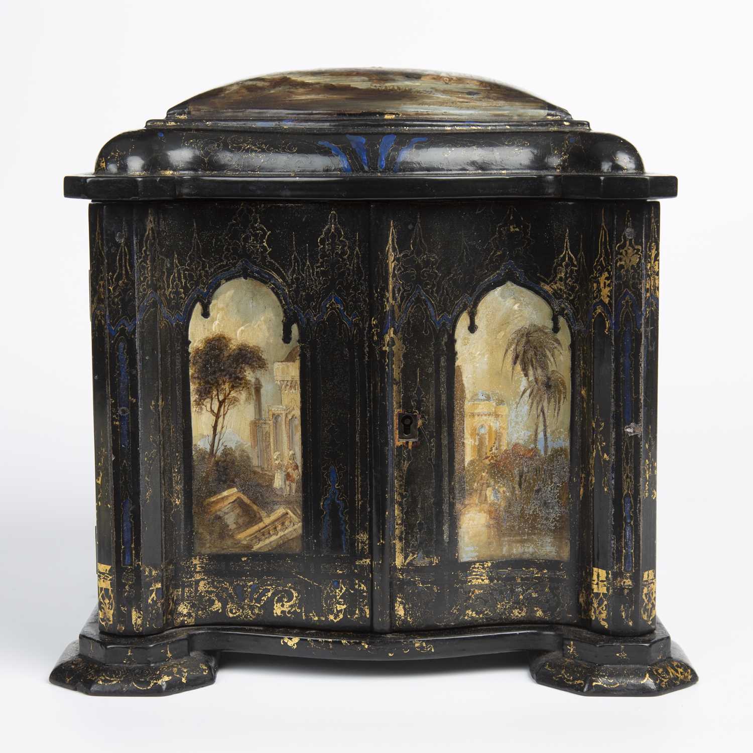 A Victorian lacquered table casket with hand painted panels depicting classical scenes, having a - Image 7 of 7