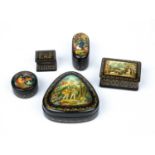 Five Russian lacquered boxes the largest 10cm x 9cm In good condition