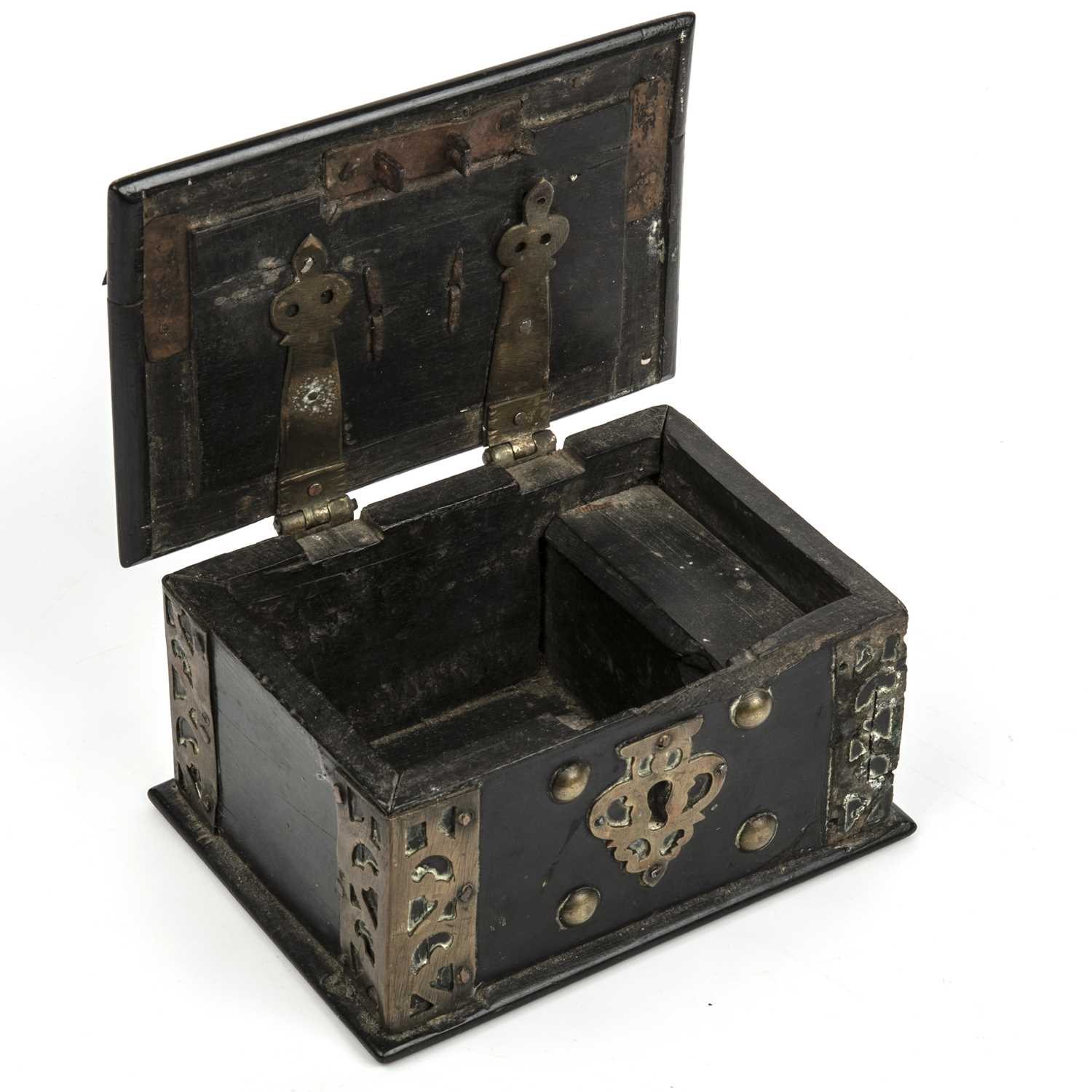 A late 17th century Portugese brass bound ebony box, 14cm wide x 10cm deep x 7.5cm highMissing a - Image 4 of 6