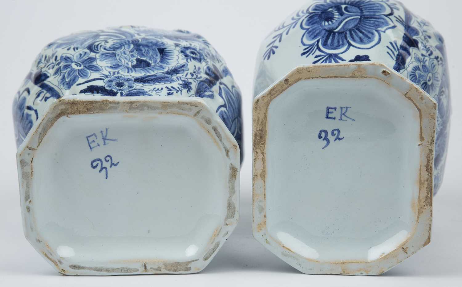 A pair of 19th century tin glazed vases and covers with blue and white foliate decoration, each 15cm - Image 3 of 3