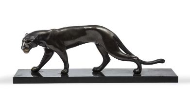 A Marti Font bronze leopard, mounted on a hardstone base, signed 'M Font', the leopard 44cm wide x
