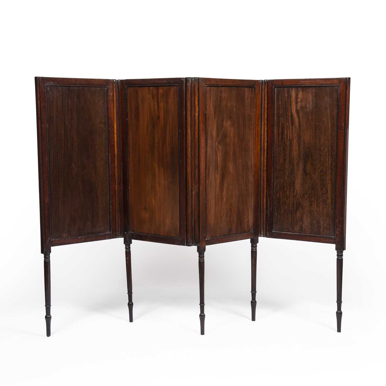 A George III mahogany four fold screen with panelled sections, 104cm wide extended x 112cm high