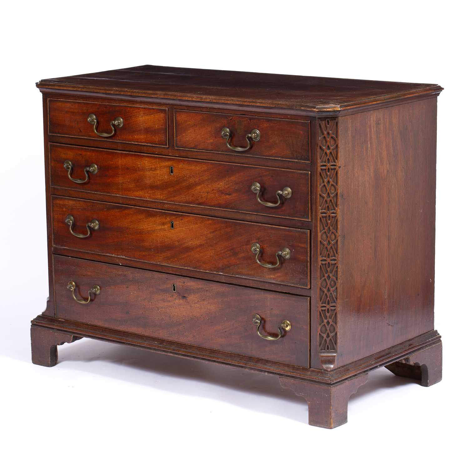 A George III mahogany chest of two short and three long drawers with brass swan neck handles, - Image 3 of 5