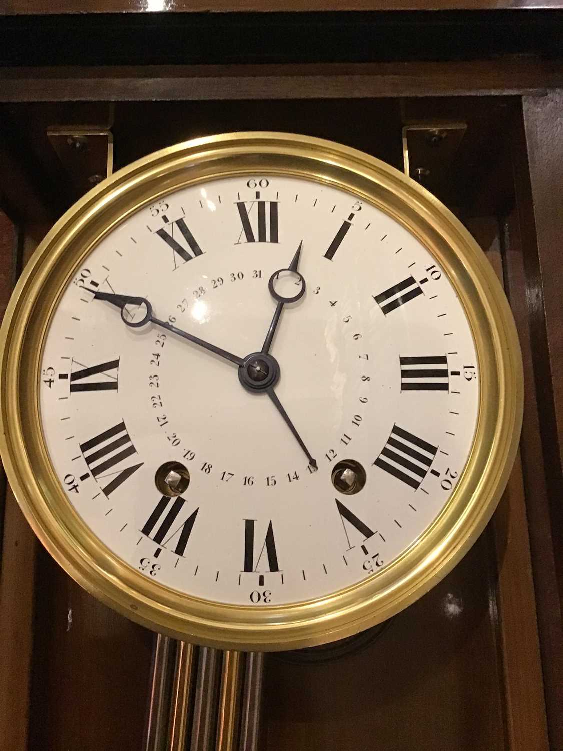 A late 19th century walnut and parcel ebonised regulator wall clock, the slightly convex white - Image 6 of 6