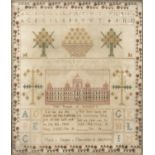 A George III alphabet sampler, The Temple of Solomon worked by Mary Snapes November 18th 1801, 34