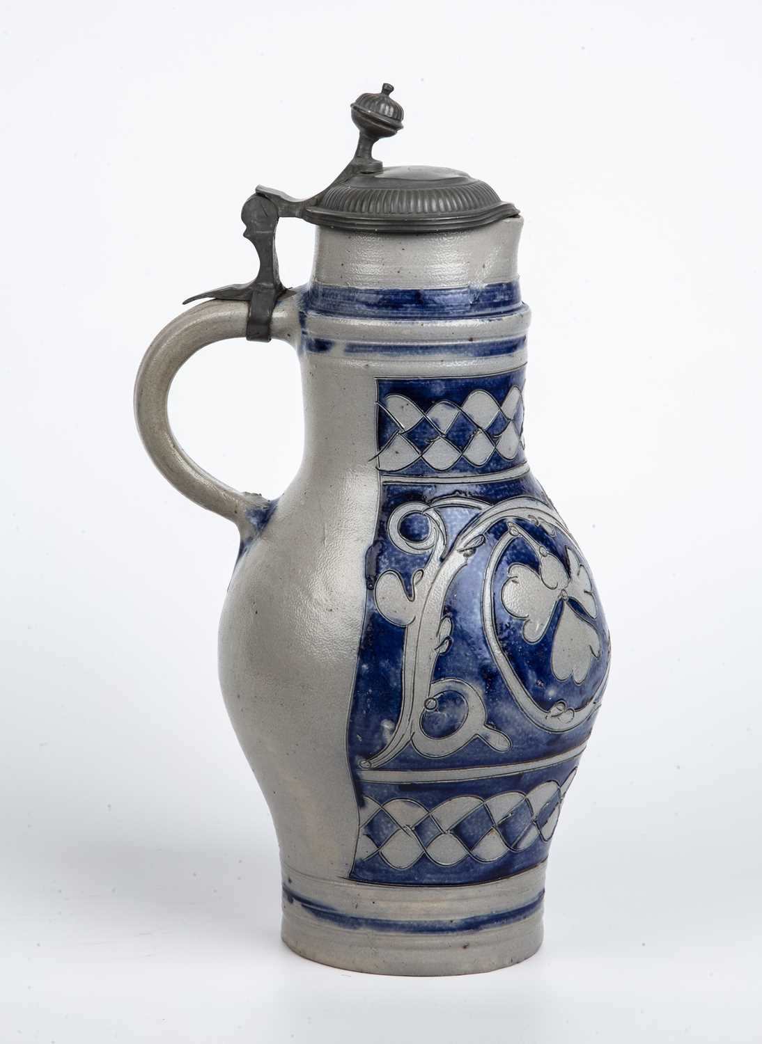 An 18th century Westerwald stoneware jug with a pewter cover, 18cm wide x 38cm high - Image 3 of 7