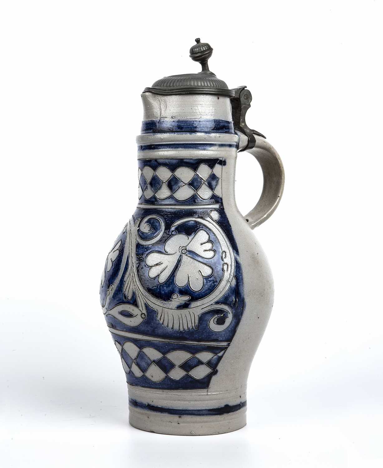 An 18th century Westerwald stoneware jug with a pewter cover, 18cm wide x 38cm high - Image 5 of 7