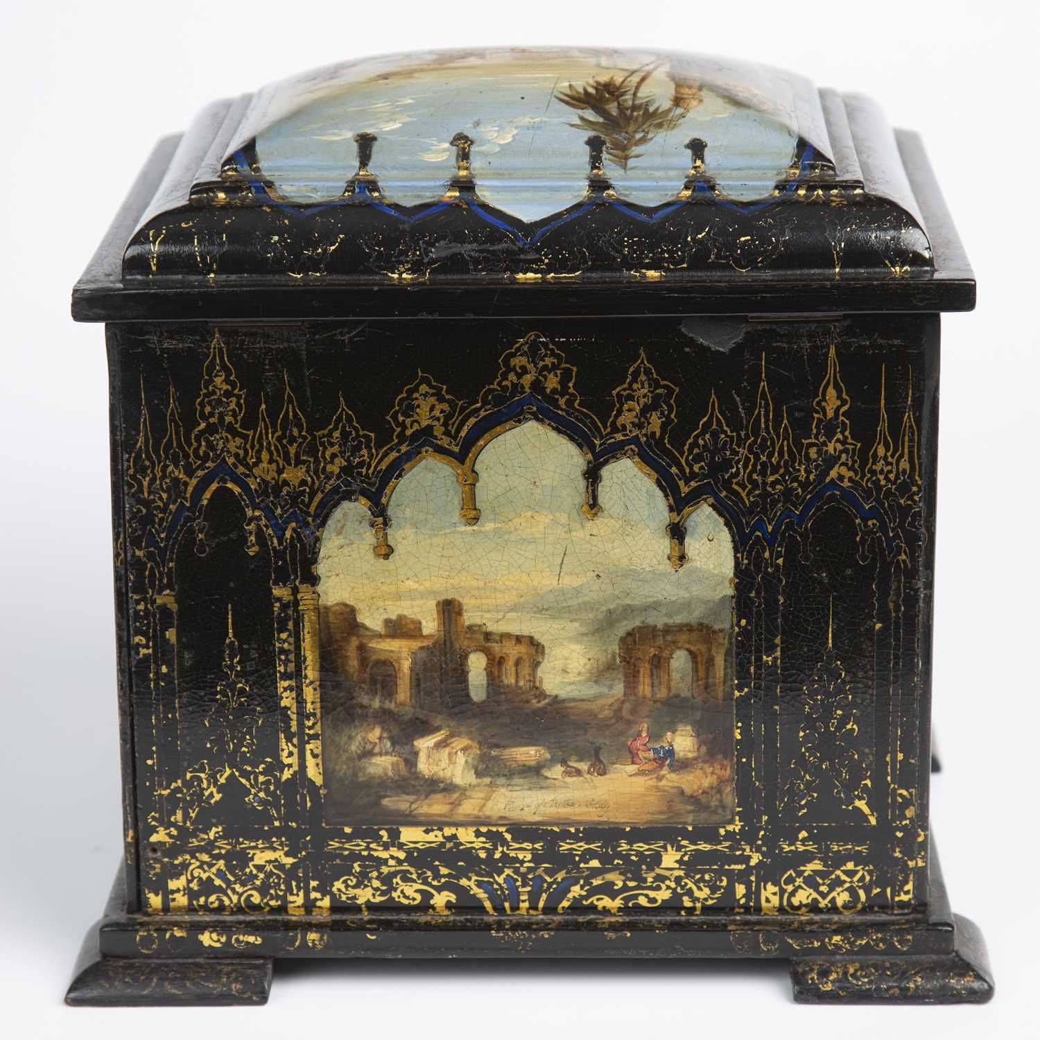 A Victorian lacquered table casket with hand painted panels depicting classical scenes, having a - Image 4 of 7