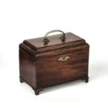 A George III mahogany tea caddy having a stepped rectangular top, a brass handle and escutcheon,
