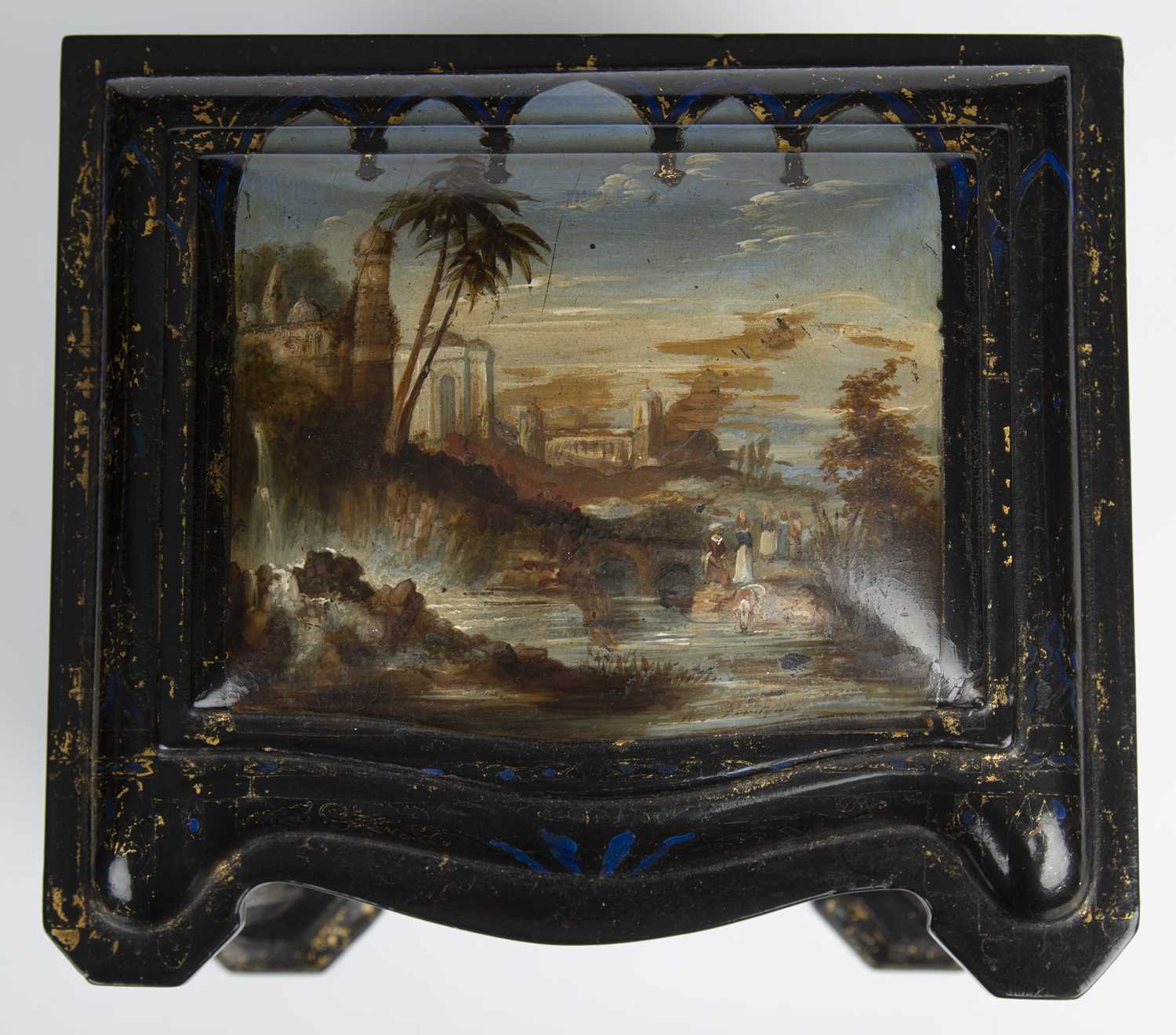 A Victorian lacquered table casket with hand painted panels depicting classical scenes, having a - Image 6 of 7