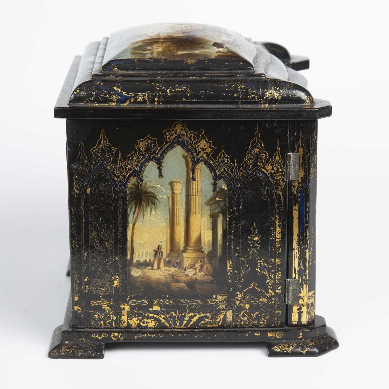 A Victorian lacquered table casket with hand painted panels depicting classical scenes, having a - Image 3 of 7