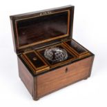 A 19th century rosewood and satinwood crossbanded tea caddy the interior with a cut glass mixing