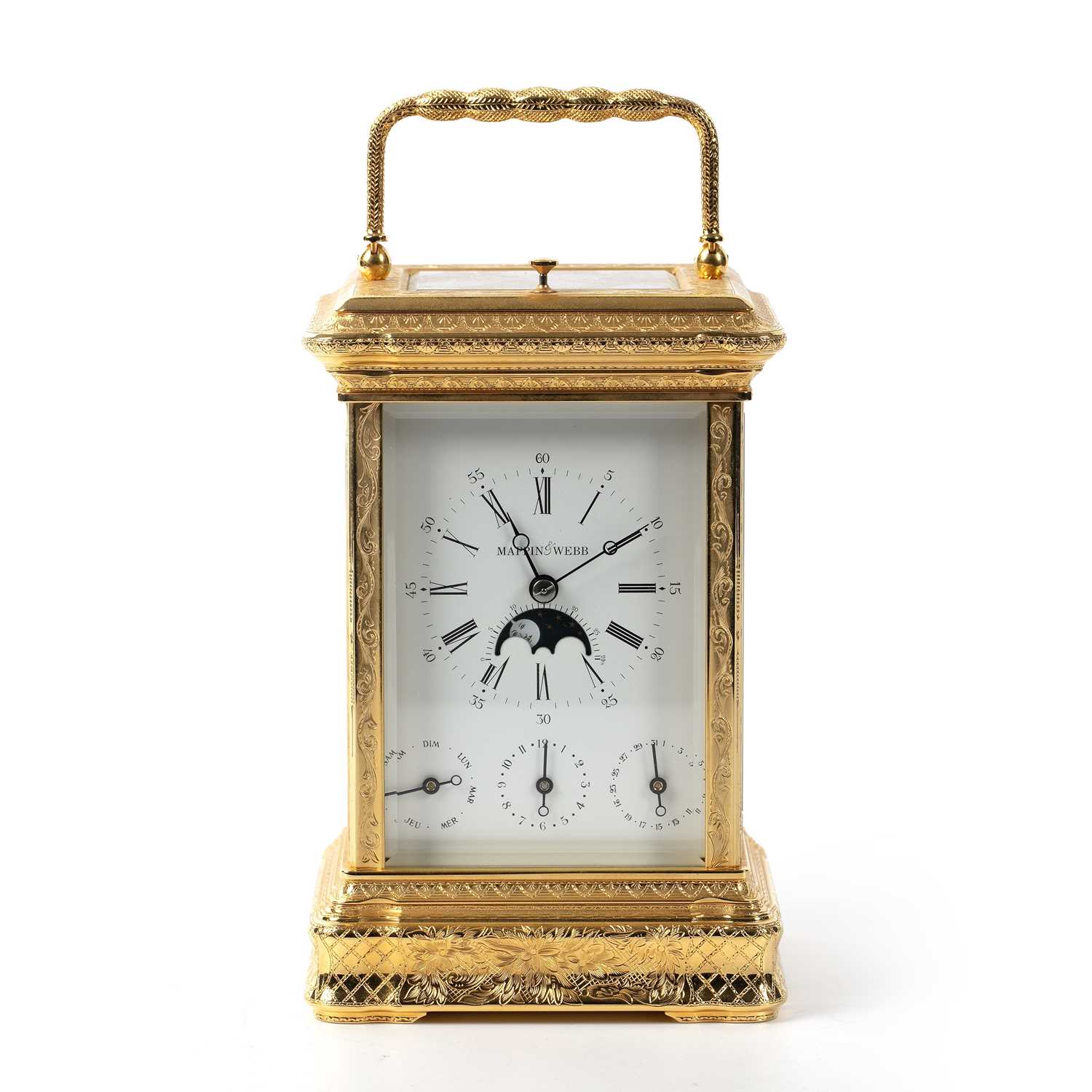 A modern L'epée gilt brass carriage clock retailed by Mappin & Webb with white enamel Roman dial,