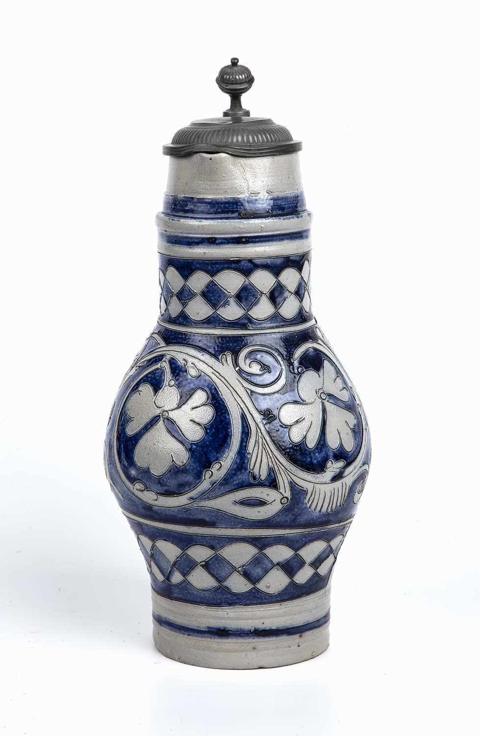 An 18th century Westerwald stoneware jug with a pewter cover, 18cm wide x 38cm high - Image 2 of 7