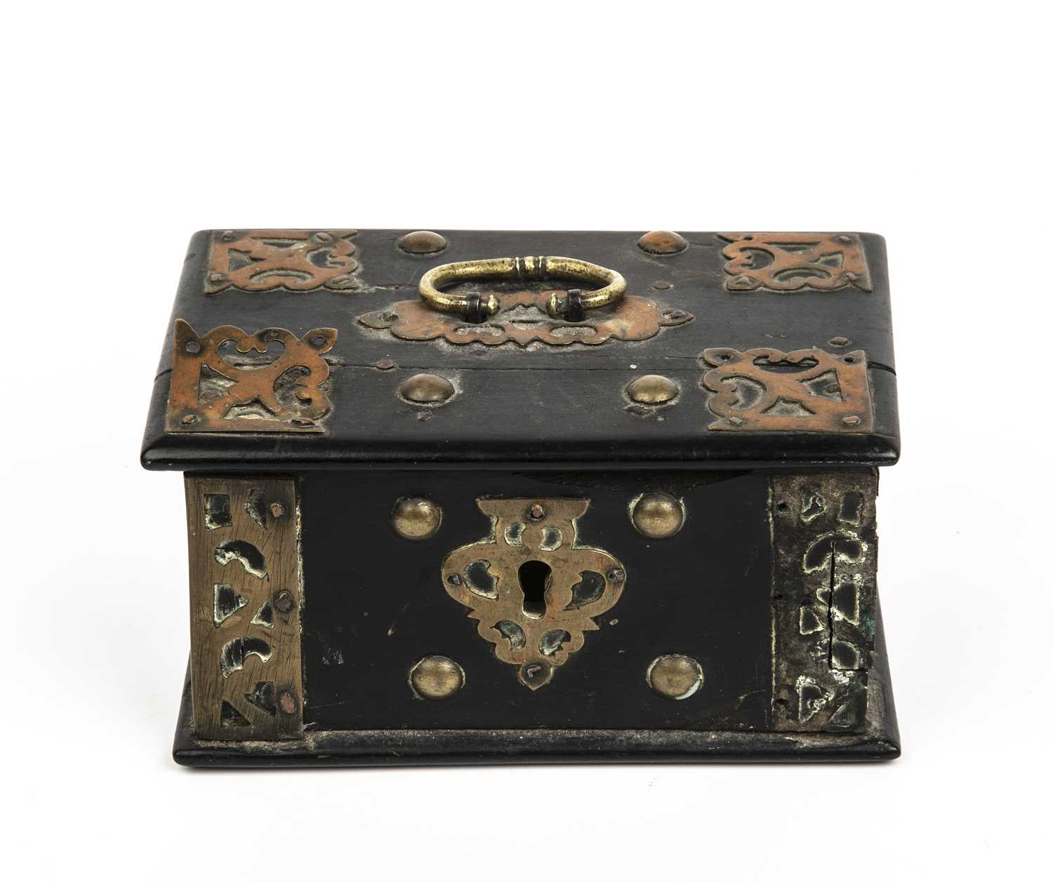 A late 17th century Portugese brass bound ebony box, 14cm wide x 10cm deep x 7.5cm highMissing a - Image 3 of 6