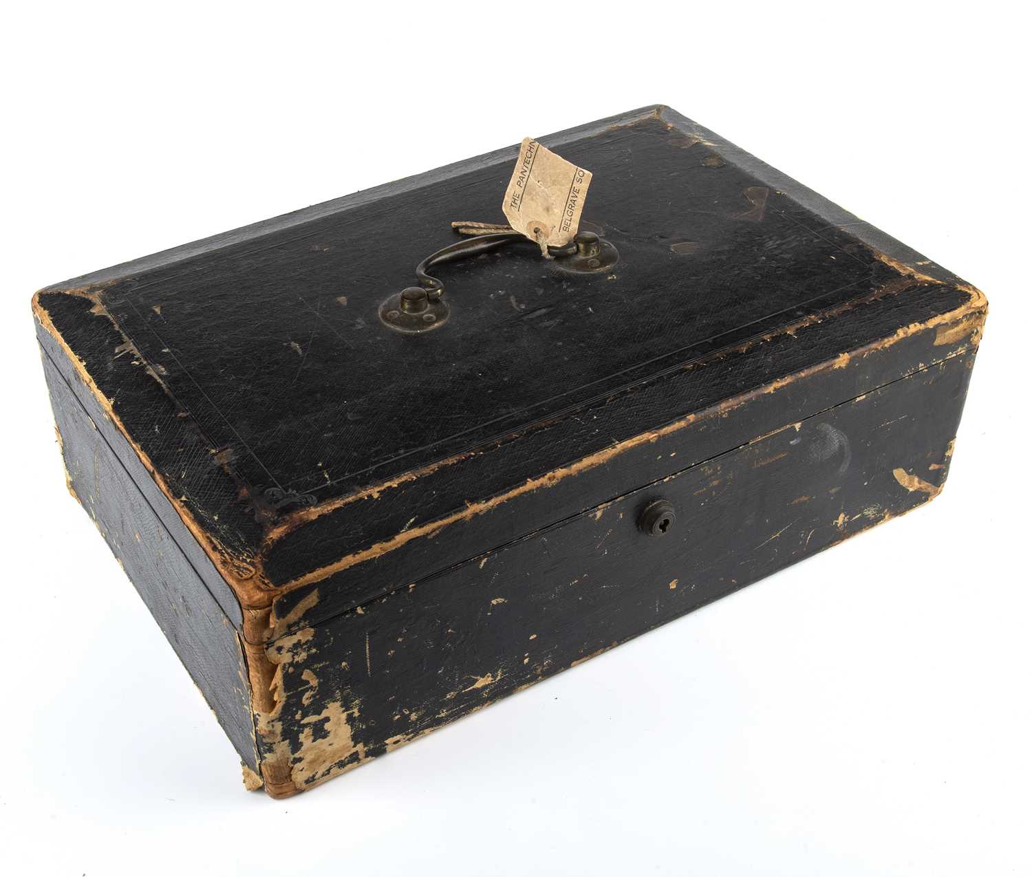 A mid 19th century black leather bound dispatch box with a brass swan neck carrying handle and a - Image 2 of 5