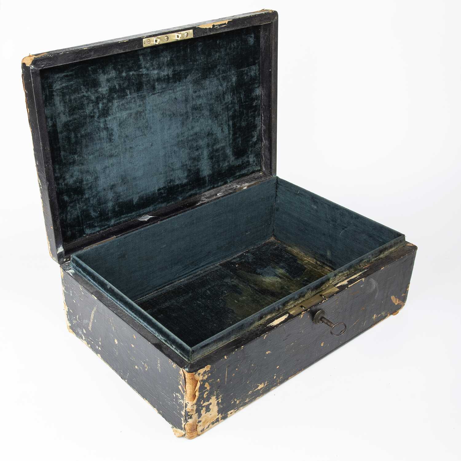 A mid 19th century black leather bound dispatch box with a brass swan neck carrying handle and a - Image 3 of 5