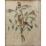 A late 18th/early 19th century picture depicting a bouquet of flowers with a bird and butterfly