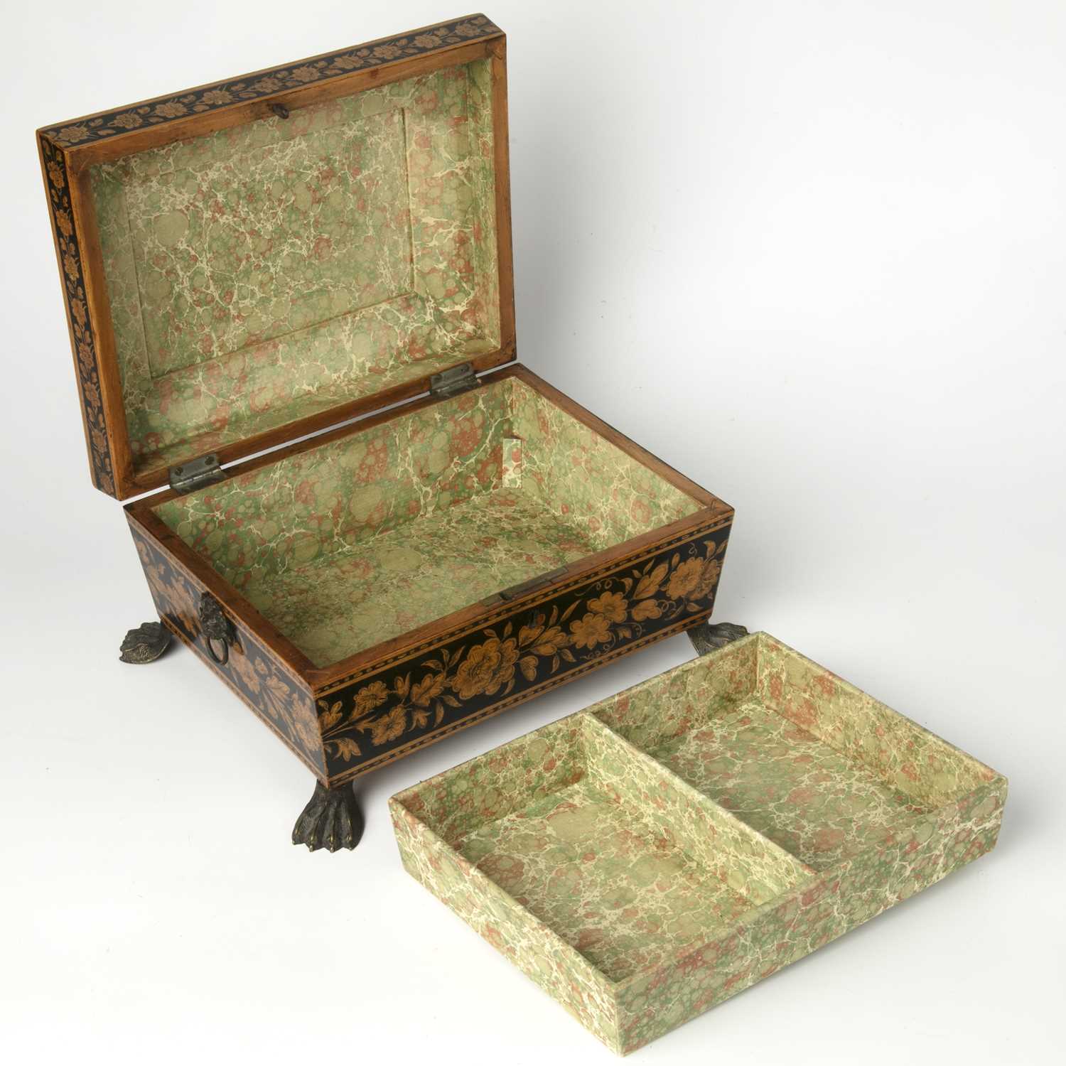 A Regency satinwood penwork sewing box intialled E F. 1816 or 1826. with chinoiserie and floral - Image 4 of 6