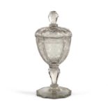 An early 18th century German glass cup and cover with fine engraved decoration, 6.5cm wide x 15cm