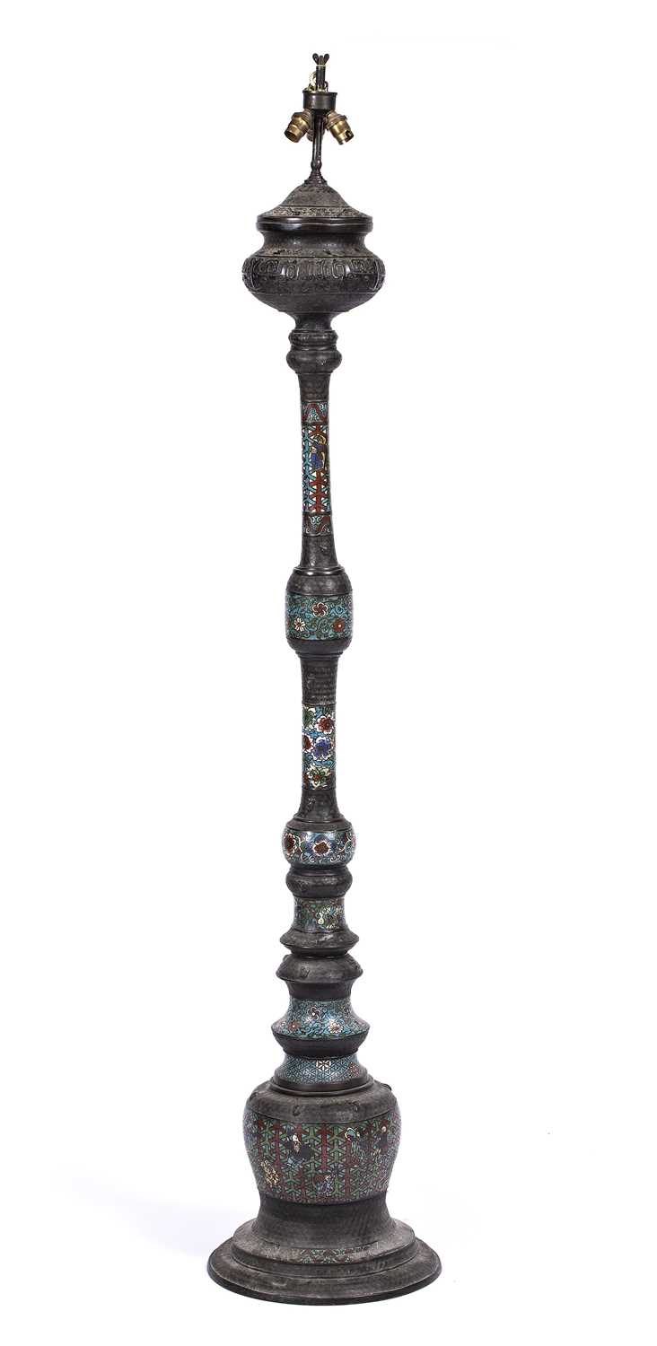 An antique eastern bronze standard lamp with champleve enamel decoration, 172cm in heightNeeds