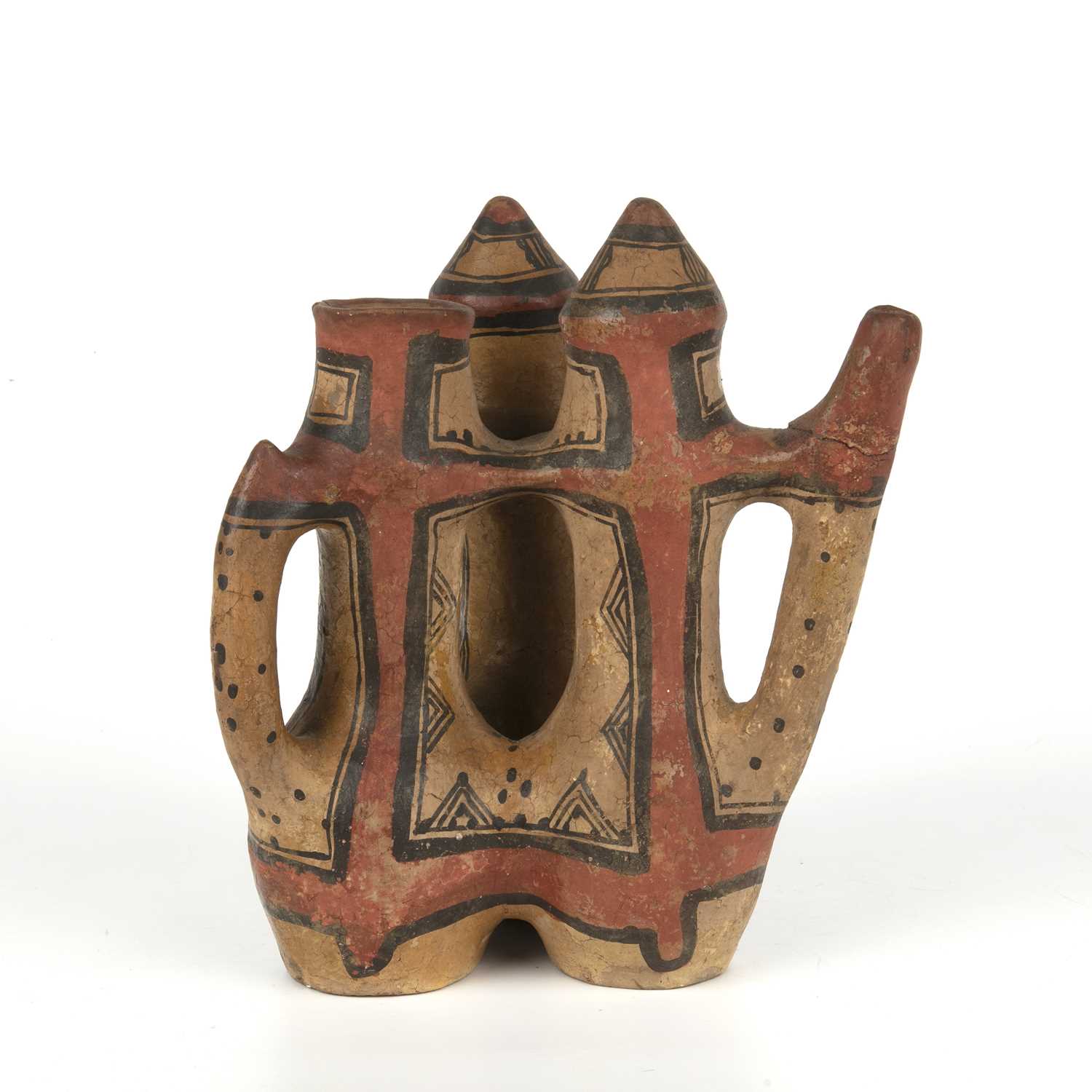 A pre-Columbian painted pottery vessel having a Worcester Royal Porcelain Works museum label to