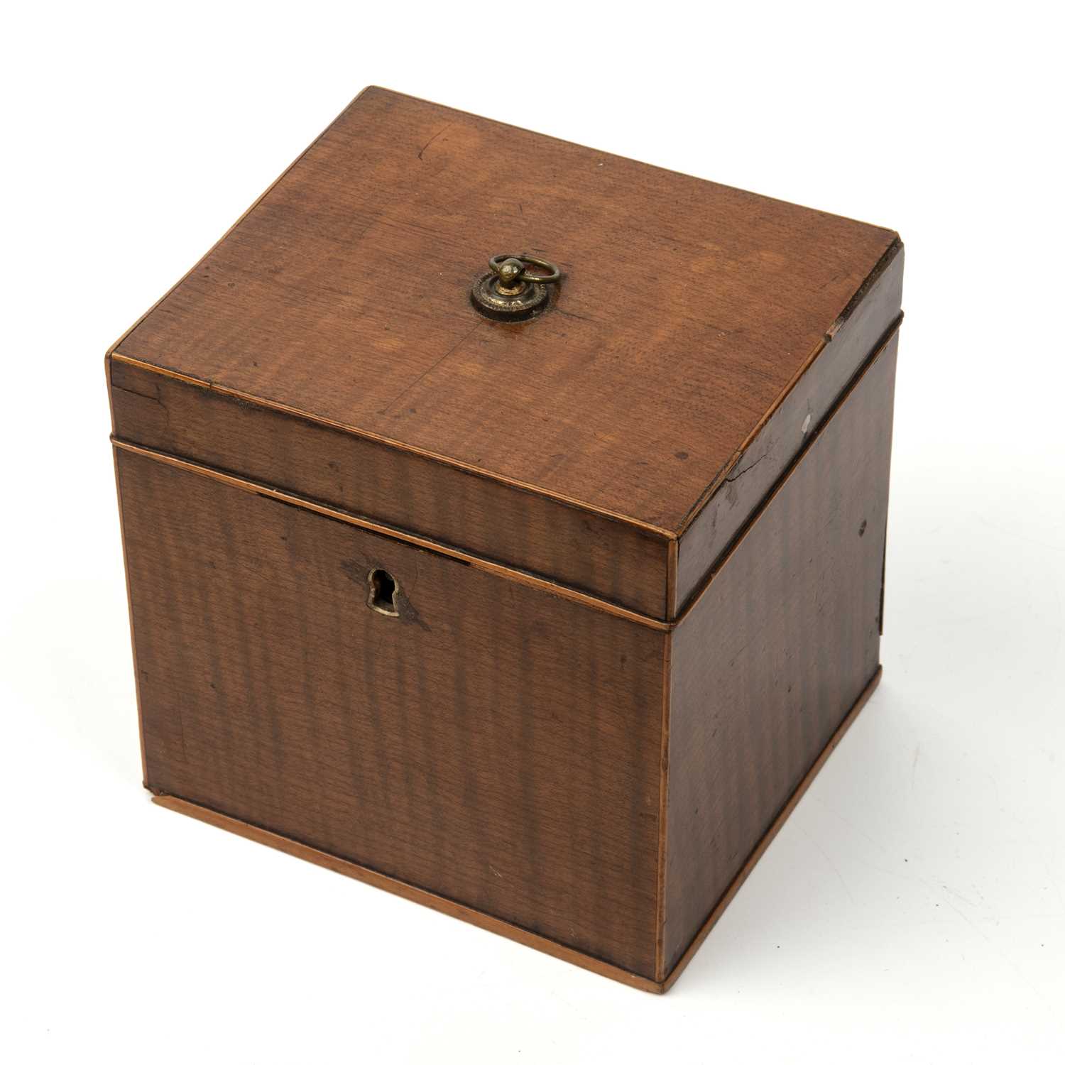 A George III possibly fustic tea caddy of cube form with fiddle back veneer, a ring handle and a - Image 3 of 5