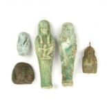 Two Egyptian Shabti figures and two Egyptian Shabti fragments, the figures 9cm in length (5)At