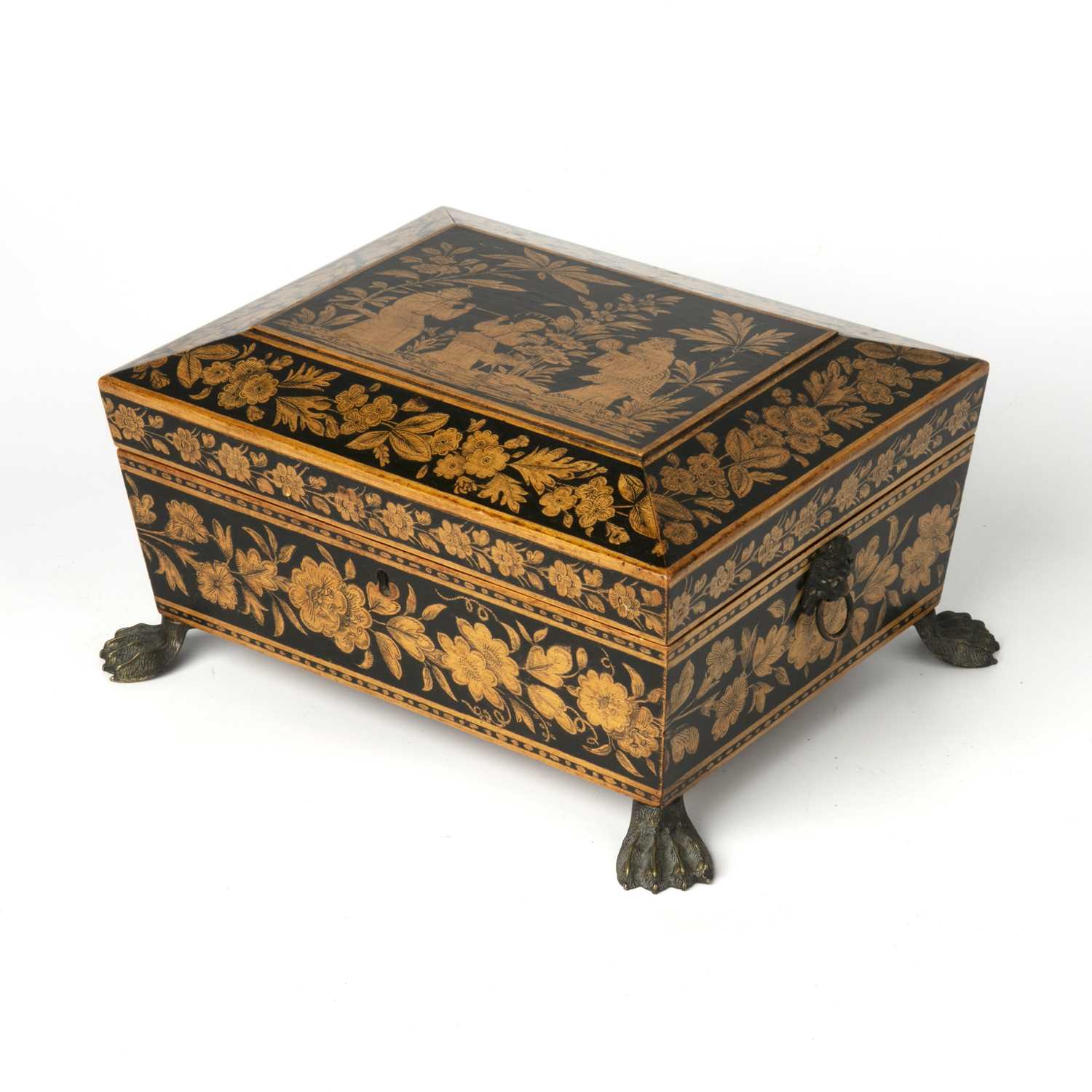 A Regency satinwood penwork sewing box intialled E F. 1816 or 1826. with chinoiserie and floral - Image 3 of 6