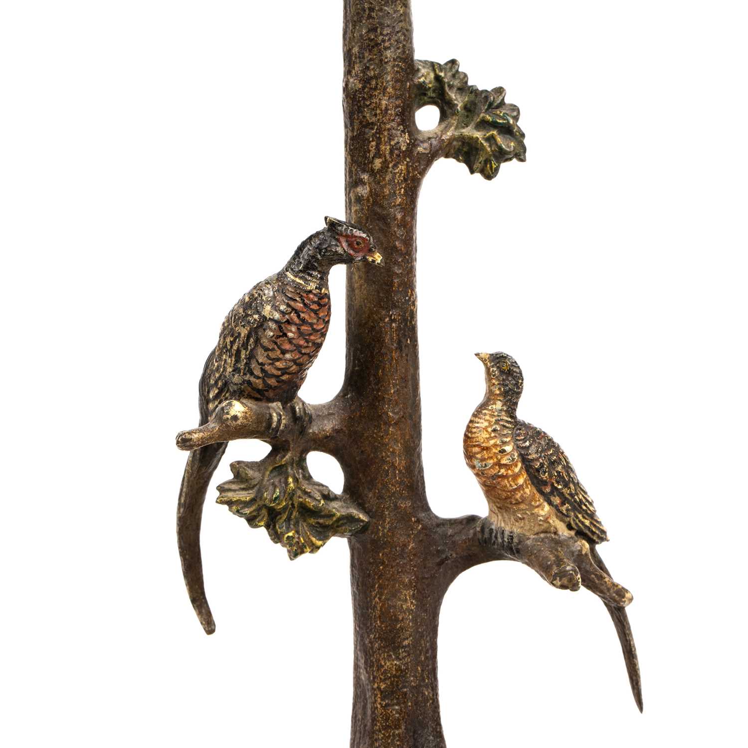 An Austrian cold painted bronze lamp in the form of two pheasants on a tree, with an onyx and oak - Image 2 of 3