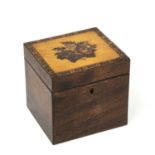 An early 19th century Tunbridge ware rosewood tea caddy of cube form, 12.2cm wide x 11cm deep x 11.