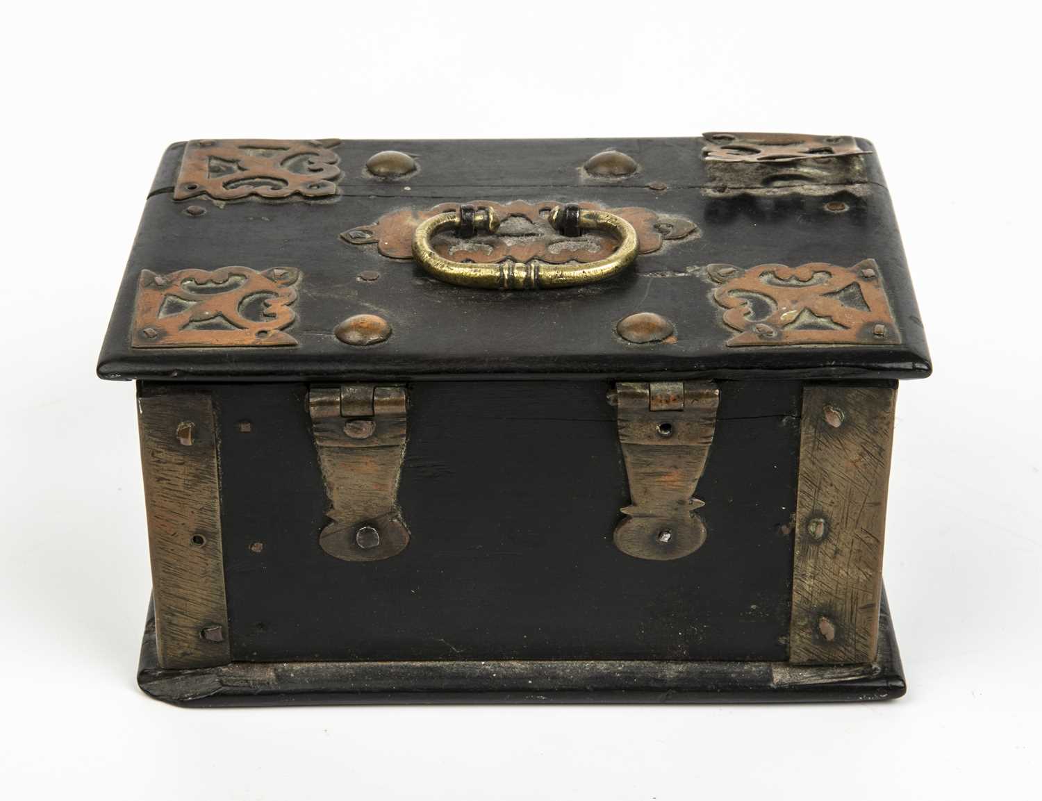 A late 17th century Portugese brass bound ebony box, 14cm wide x 10cm deep x 7.5cm highMissing a - Image 5 of 6