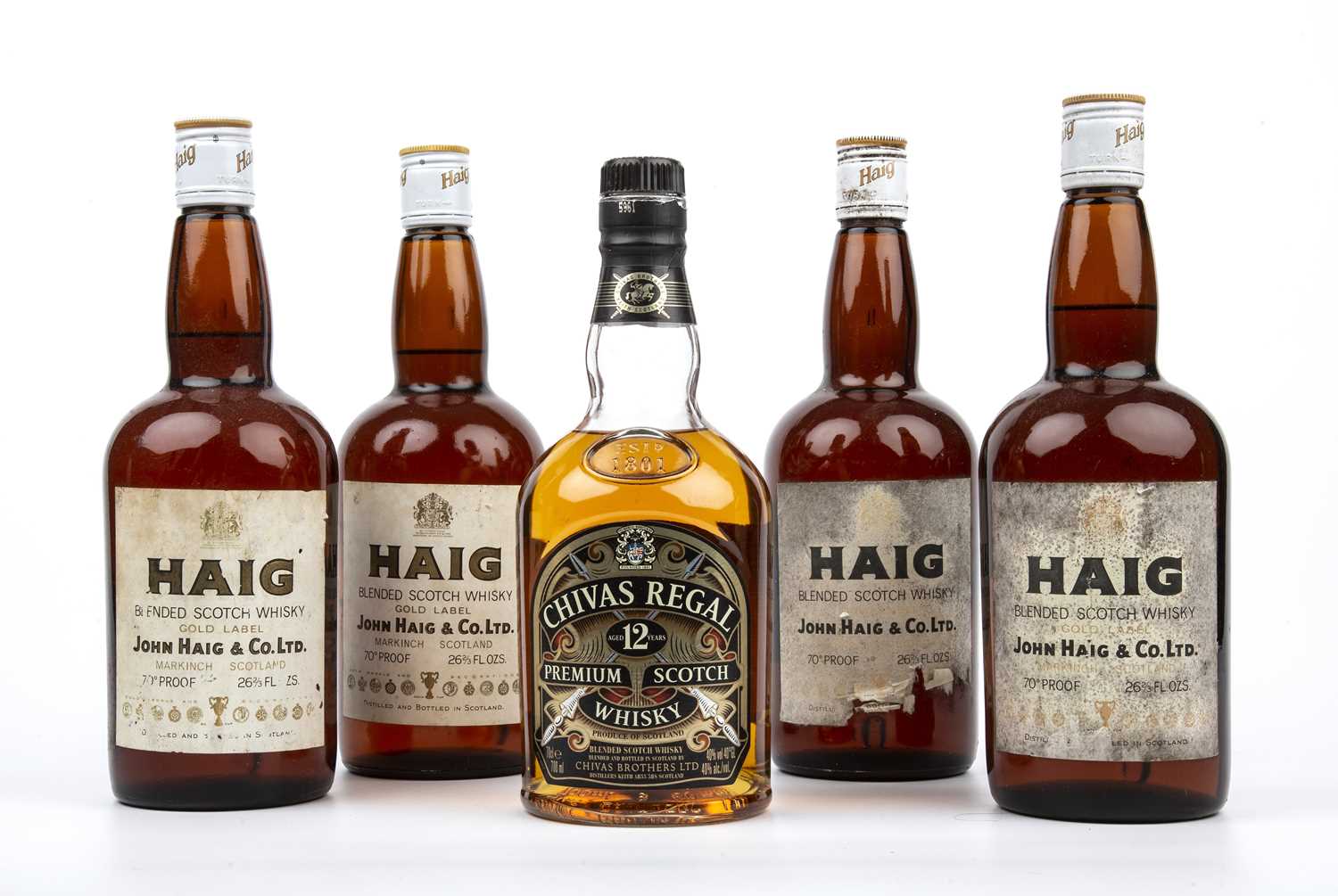 Five bottles of vintage Haig Gold Label blended scotch whisky and a bottle of Chivas Regal 12 year