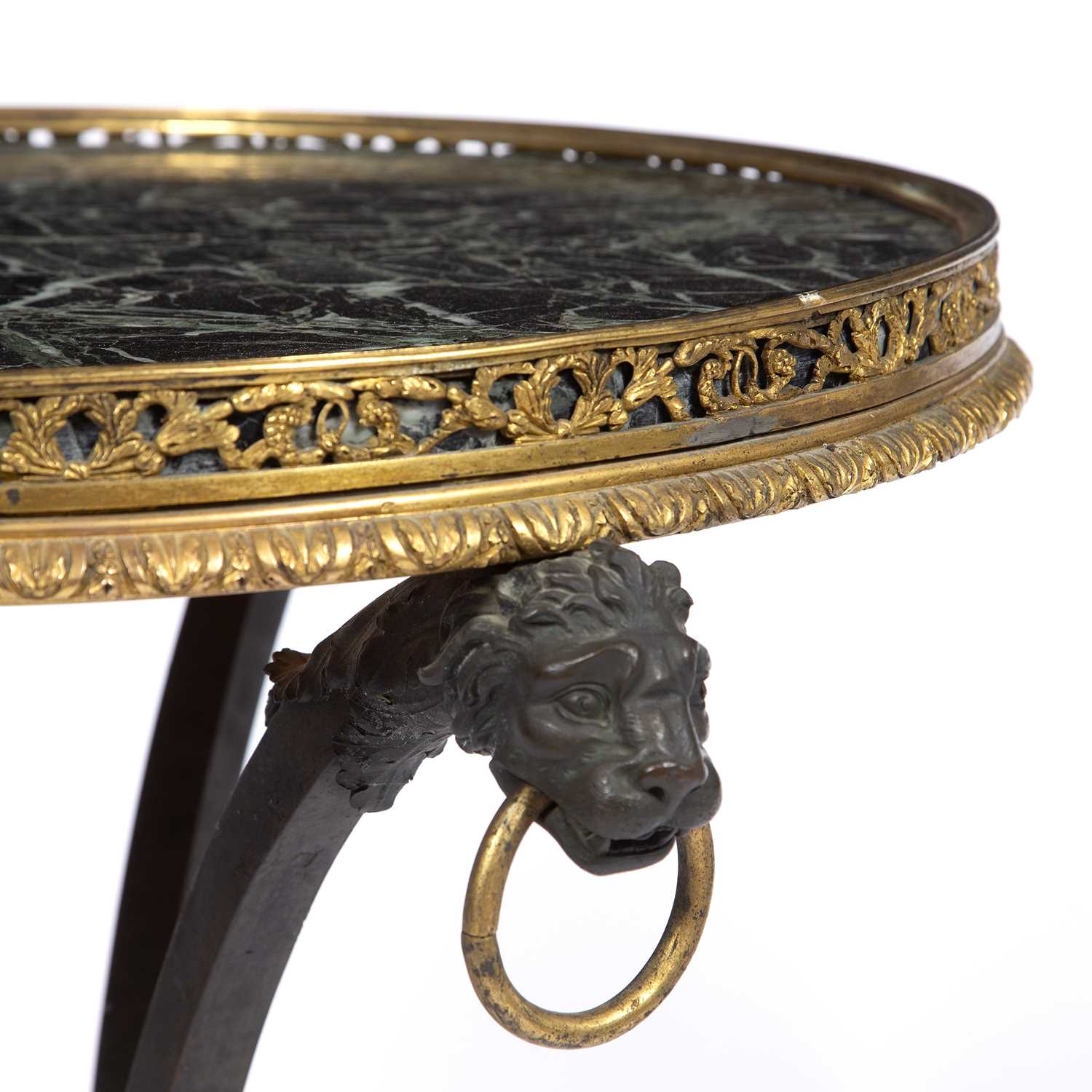 A Louis XVI Gueridon with a serpentina verde marble top, a pierced ormolu border having three bronze - Bild 4 aus 33