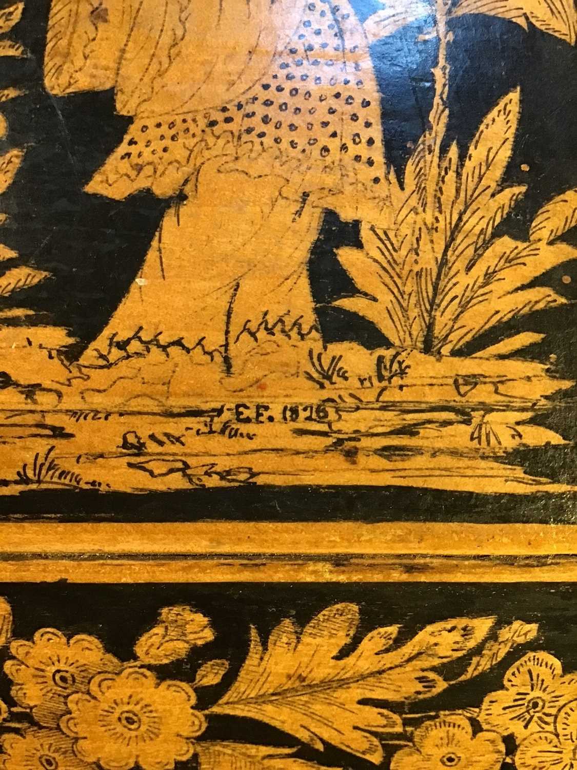 A Regency satinwood penwork sewing box intialled E F. 1816 or 1826. with chinoiserie and floral - Image 6 of 6