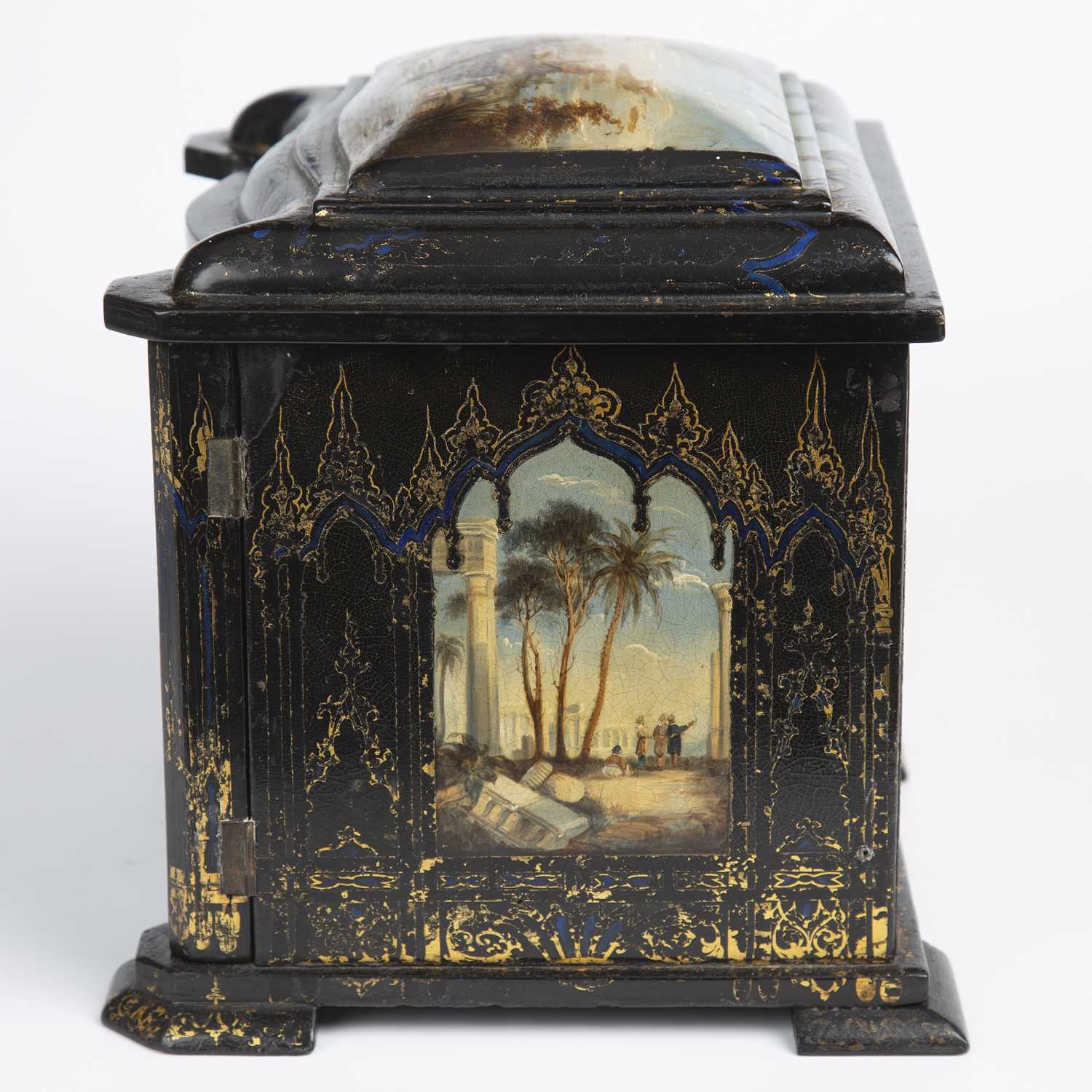 A Victorian lacquered table casket with hand painted panels depicting classical scenes, having a - Image 5 of 7