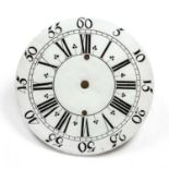 A mid to late 18th century Dutch Delft clock face with arabic and roman numerals, 24cm diameter