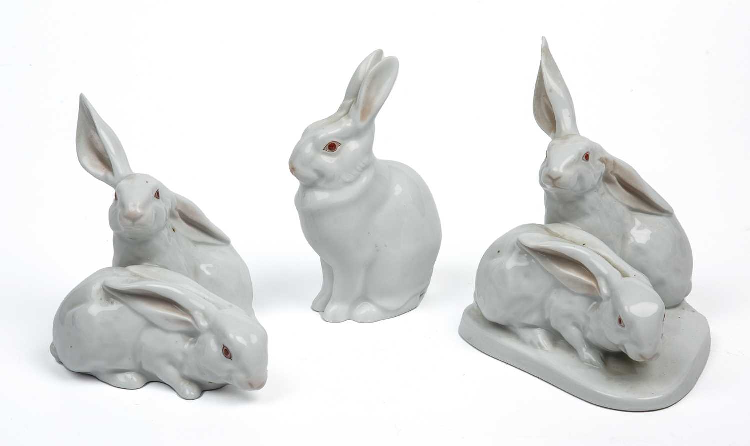 Three Herend porcelain rabbit models the largest 13cm wide x 14cm highIn good condition