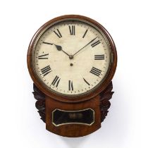 A Victorian mahogany drop dial wall timepiece with 12" painted Roman dial, single fusee movement,