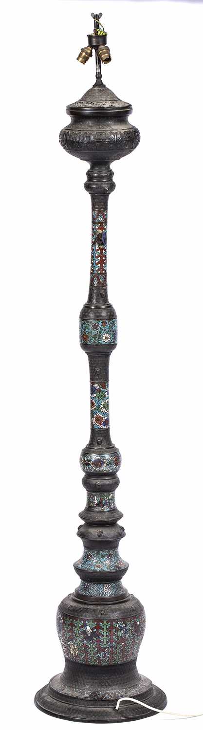 An antique eastern bronze standard lamp with champleve enamel decoration, 172cm in heightNeeds - Image 2 of 5