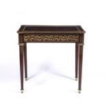 A 19th century french rosewood bijouterie table with a bevelled glass top, brass inlay and gilt