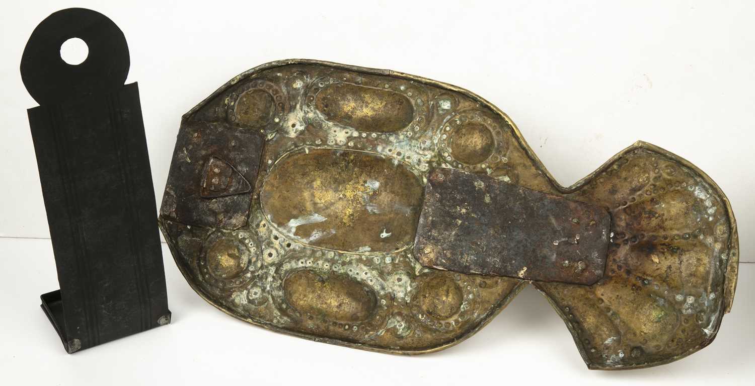 A 18th century continental sheet brass repousse wall sconce, 22cm wide x 45cm high together with a - Image 2 of 2