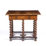 A William and Mary marquetry walnut side table with a single frieze drawer, brass drop handles,