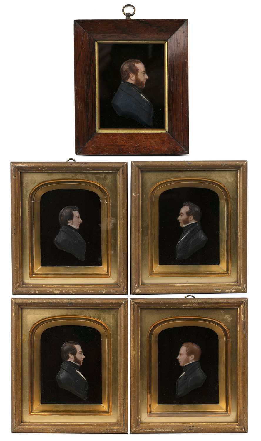 A family group of five 19th century wax portraits on glass depicting Mr Charles King, Mr George