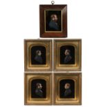 A family group of five 19th century wax portraits on glass depicting Mr Charles King, Mr George
