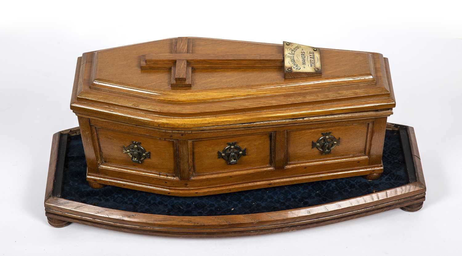 A Victorian oak model display coffin for Boswell and Sons, makers Theale, with a fitted glazed case, - Image 2 of 5